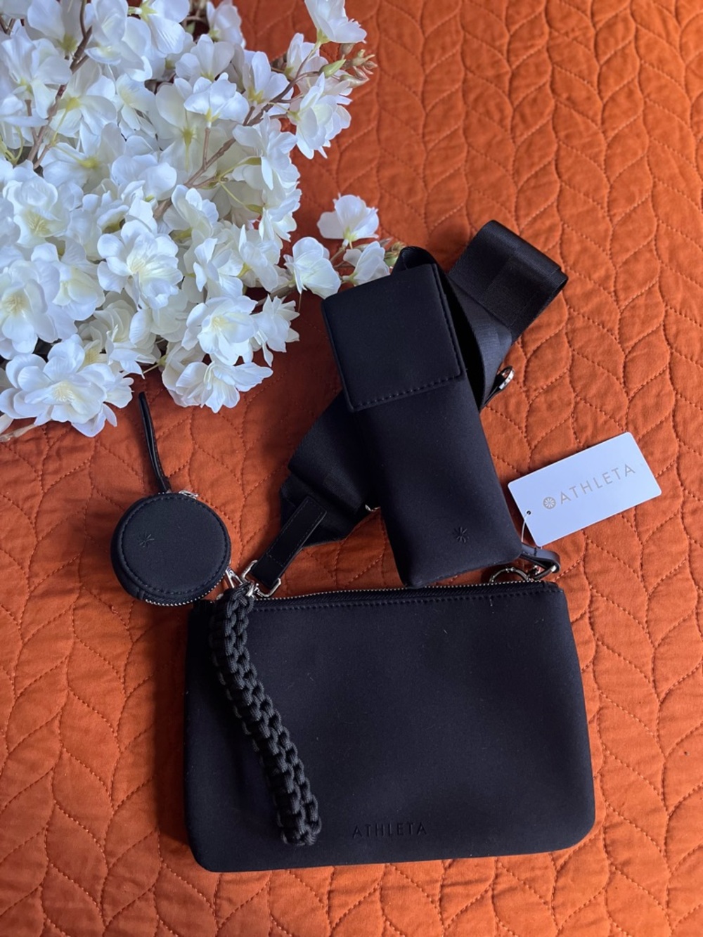 Athleta Black Neoprene Crossbody Set with Braided Accent and Coin Pouch